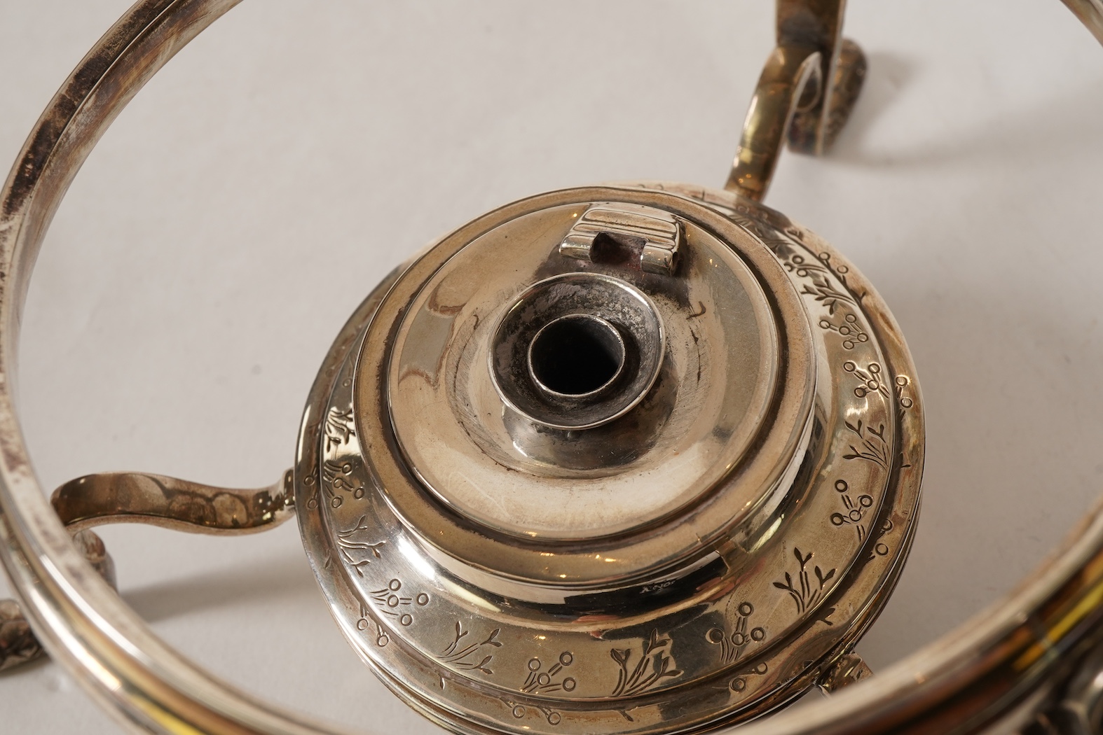 A George I silver tea kettle on stand, with burner by Gabriel Sleath, stand unmarked